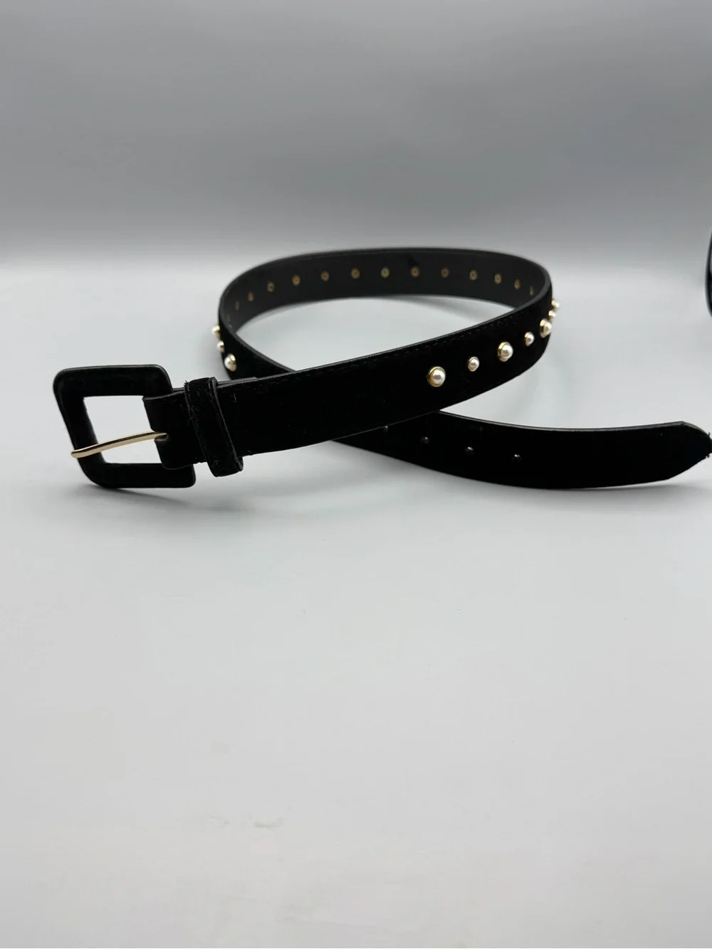 Zara Black Velvet Faux Pearl Studded Belt Gold Buckle Size 34 Medium